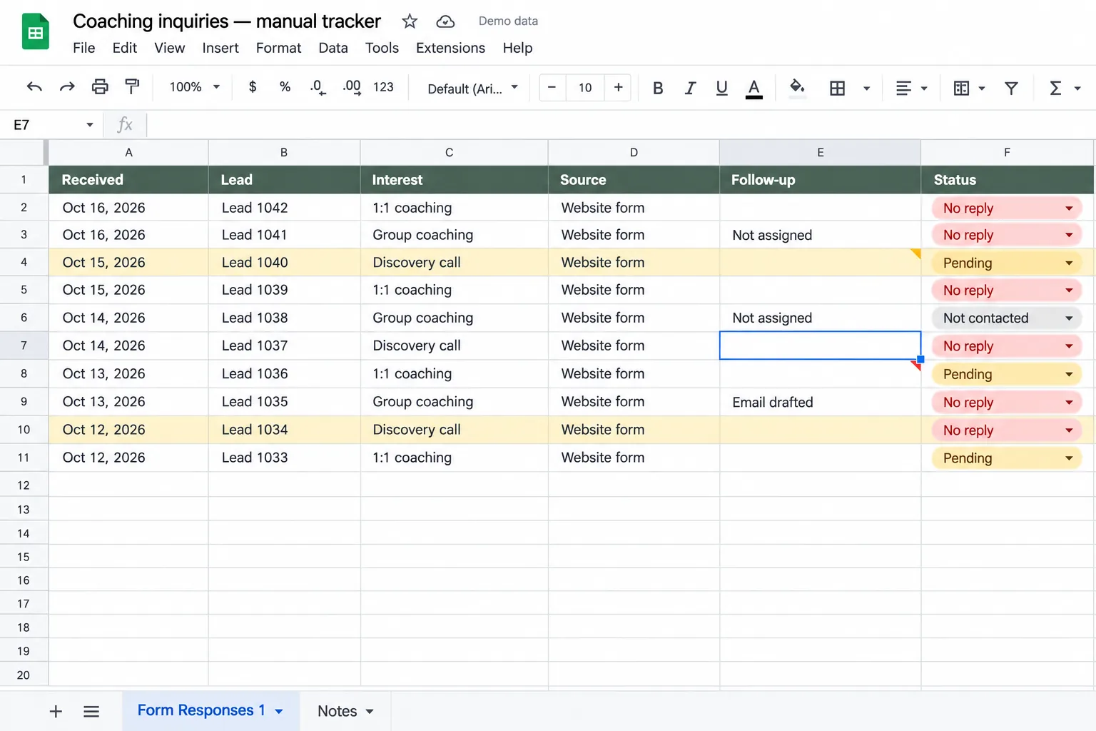 A manual spreadsheet of coaching inquiries, most marked no reply with no follow-up assigned.
