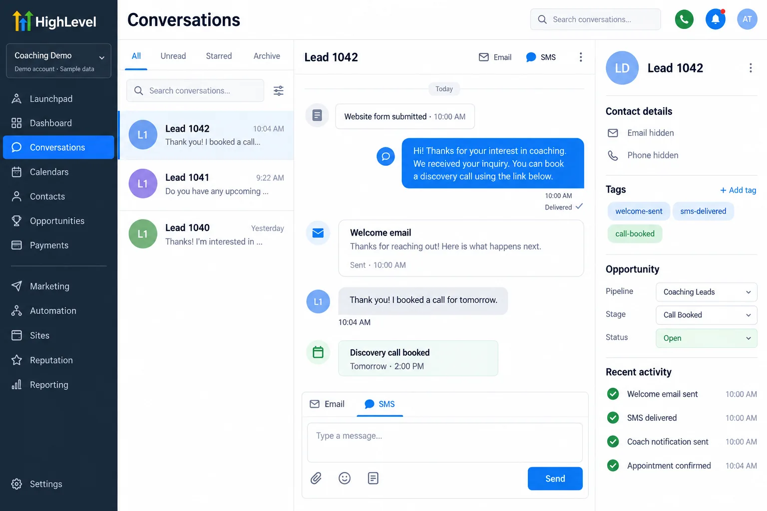 CRM conversation where a new lead gets an instant text and welcome email, then books a discovery call automatically.