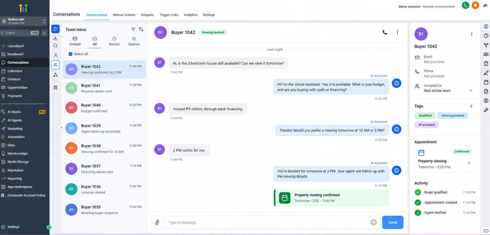 Chat thread with an AI assistant answering an inquiry and booking a calendar slot.