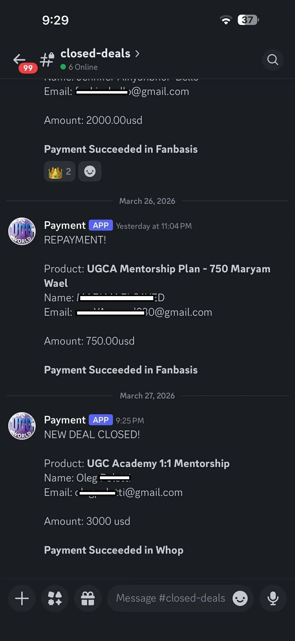 A team chat channel with payment messages posting automatically for each new client.