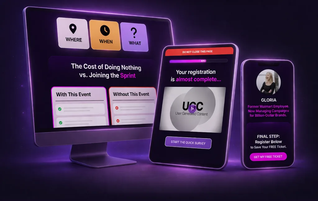Event registration funnel shown on desktop, tablet and phone: a cost-of-doing-nothing comparison, a registration progress page with a video, and a speaker page with a get-my-free-ticket button.