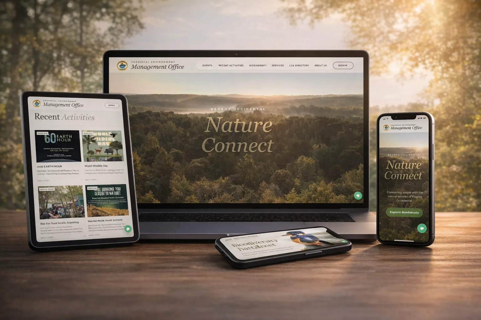 Nature Connect site for a provincial environment office, shown on laptop, tablet and phones, with pages for events, recent activities and biodiversity.