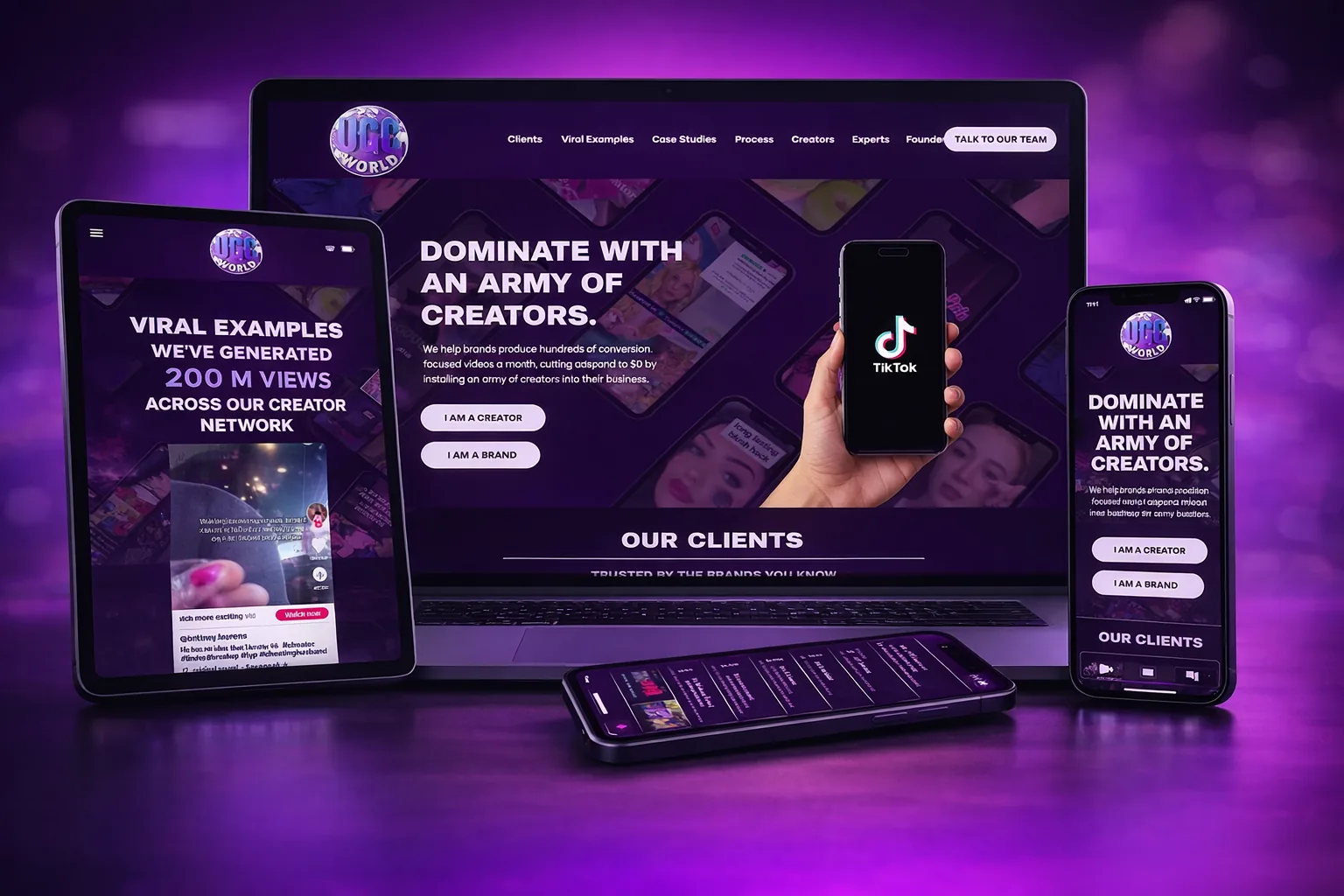UGC World agency site on laptop, tablet and phone, with separate buttons for creators and brands.