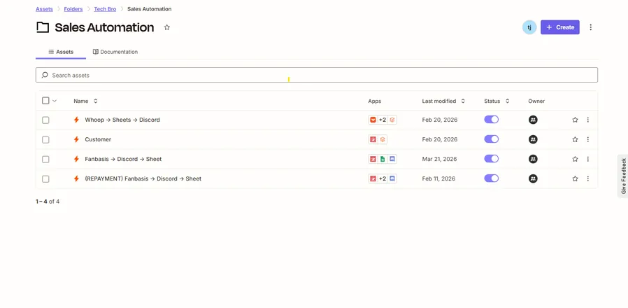 Folder of live Zapier sales automations connecting payments, sheets and Discord
