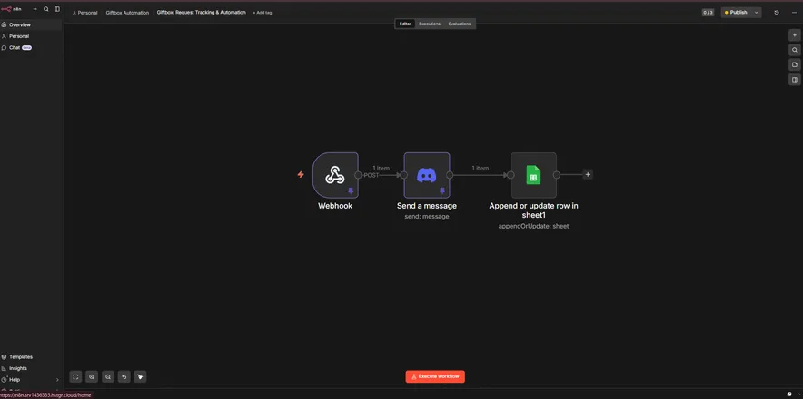 n8n workflow that logs gift box requests to a sheet and alerts the team on Discord