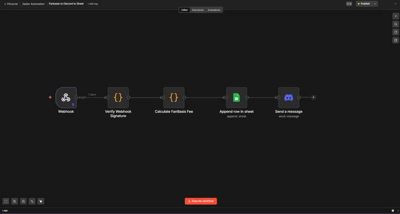 n8n workflow that verifies FanBasis payments, logs them to a sheet and posts to Discord